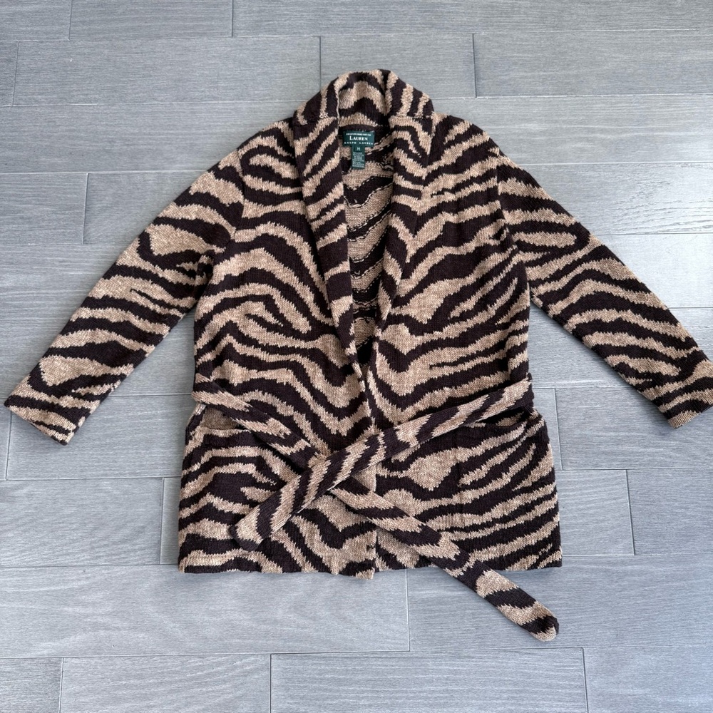 Lauren Ralph Lauren Zebra Print Linen Cotton Belt Cardigan Hand Knit Coatigan M - Picture 11 of 16